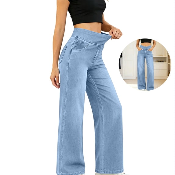 LWavelet Denim Pants Women Lightweight Wide Leg Jeans Summer Fall High Waisted Straight Leg Trousers with Pockets