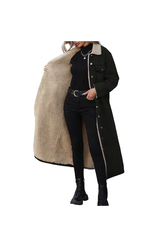 Denim & Shearling Lined Long Coat Women Oversized Cozy Winter Casual Versatile Outerwear Blue,Dark Blue,Light Blue,Royal Blue,Black,Dark Gray XS,S,M,L