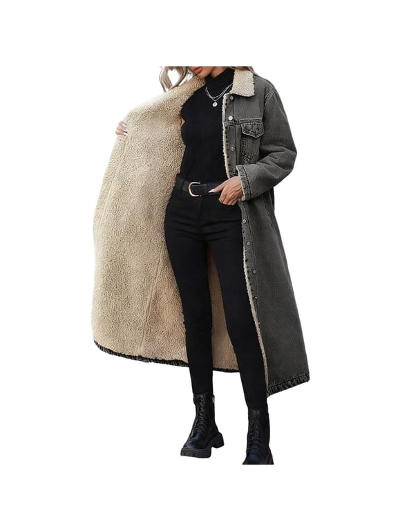 Denim & Shearling Lined Long Coat Women Oversized Cozy Winter Casual Versatile Outerwear Dark Gray L