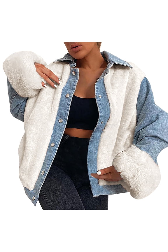 Denim & Shearling Paneled Shirt Jacket Women Cozy Fall Casual Layered Trendy Outerwear White S,M,L,XL