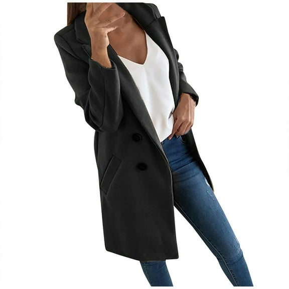 LWavelet Double-Breasted Blazer Coat Women Structured Fall Office Casual Elegant Versatile Outerwear Black M