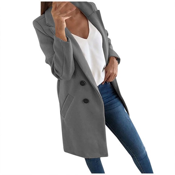 LWavelet Double-Breasted Blazer Coat Women Structured Fall Office Casual Elegant Versatile Outerwear Gray M