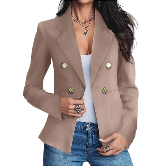 LWavelet Double-Breasted Blazer Jacket Women Chic Office Casual Fall Trendy Versatile Structured Outerwear Khaki L