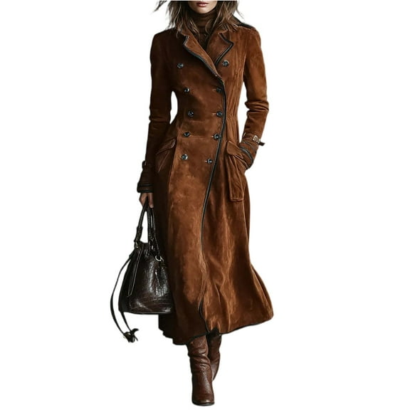 LWavelet Double-Breasted Faux Suede Trench Coat Women Structured Fall Office Casual Elegant Versatile Outerwear Light Brown 3XL