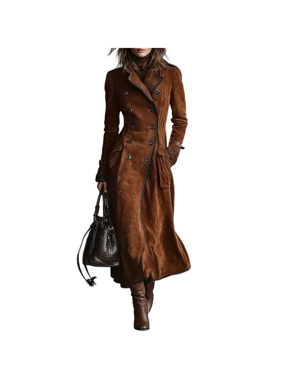 Double-Breasted Faux Suede Trench Coat Women Structured Fall Office Casual Elegant Versatile Outerwear Light Brown S