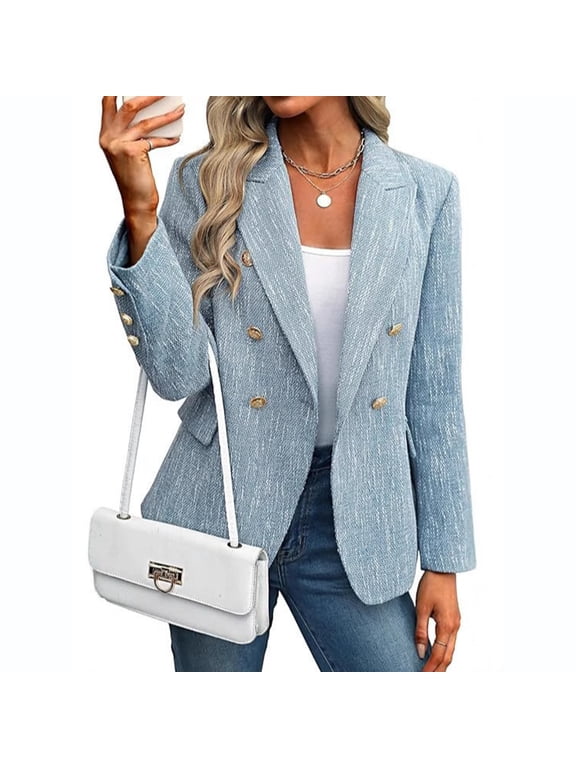 Double-Breasted Textured Blazer with Gold Buttons Women Trendy Fall Office Casual Structured Versatile Outerwear Light Blue 2XL