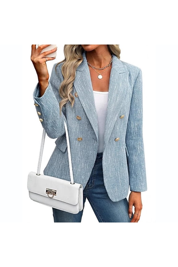 Double-Breasted Textured Blazer with Gold Buttons Women Trendy Fall Office Casual Structured Versatile Outerwear Light Blue 2XL