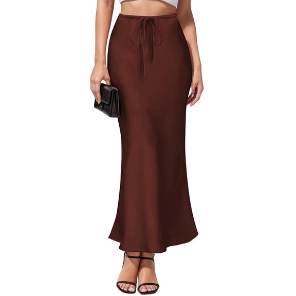 LWavelet Drawstring Waist Satin Mermaid Maxi Skirt Women Elegant Evening Party Flowy Versatile Bottoms Brown XL
