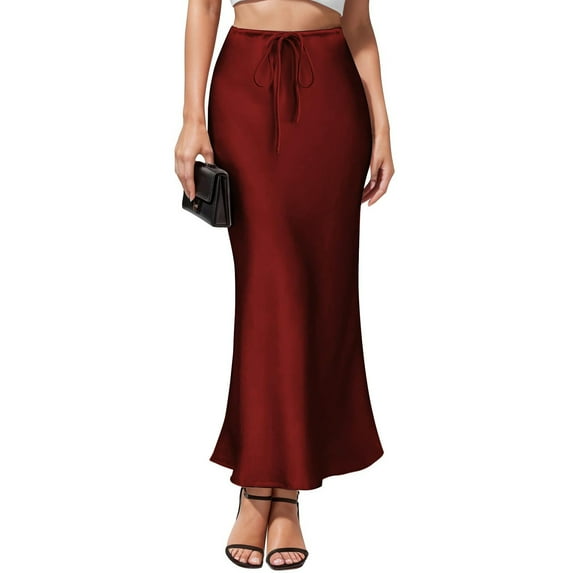 LWavelet Drawstring Waist Satin Mermaid Maxi Skirt Women Elegant Evening Party Flowy Versatile Bottoms Wine 2XL