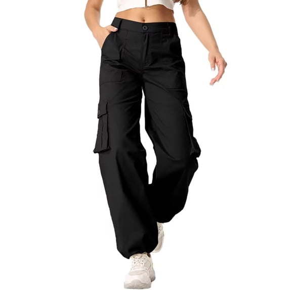 LWavelet Durable Fabric Cargo Wide Leg Pants Women Daily Casual Wear Black L