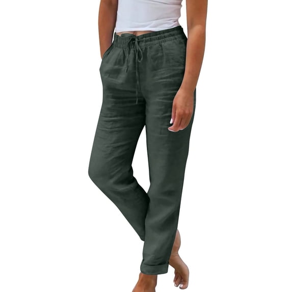 LWavelet Elastic Waist Cropped Pants with Drawstring & Pockets Lightweight Linen Blend Summer Casual Trousers Dark Green 5XL