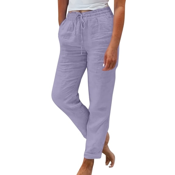 LWavelet Elastic Waist Cropped Pants with Drawstring & Pockets Lightweight Linen Blend Summer Casual Trousers Purple XL