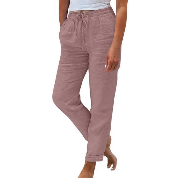LWavelet Elastic Waist Cropped Pants with Drawstring & Pockets Lightweight Linen Blend Summer Casual Trousers Watermelon Red XL