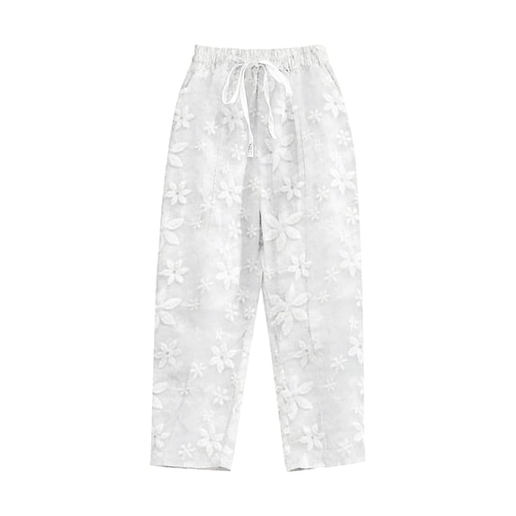 LWavelet Elastic Waist Cropped Pants with Floral Embroidery & Drawstring Lightweight Breathable Summer Casual Trousers White 3XL