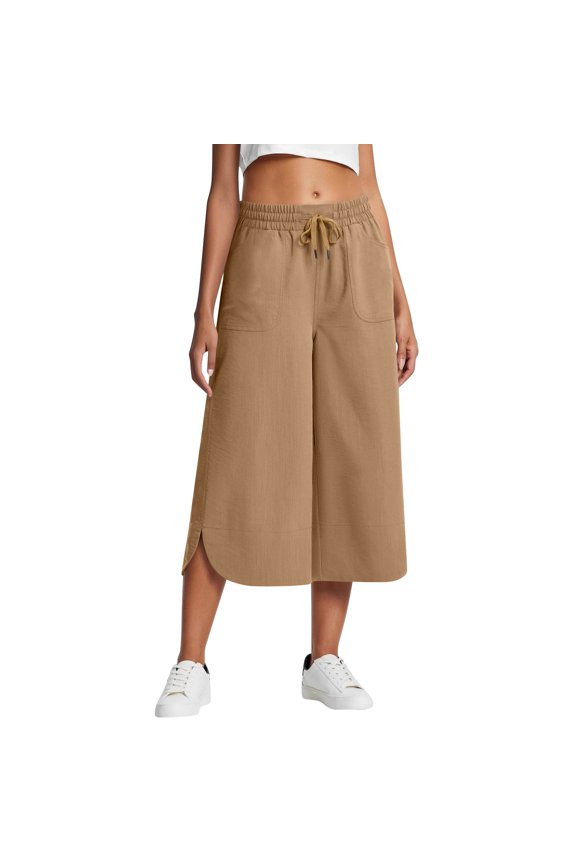 Elastic Waist Cropped Wide Leg Pants with Drawstring, Pockets & Side Slits Lightweight Summer Casual Trousers Khaki XL