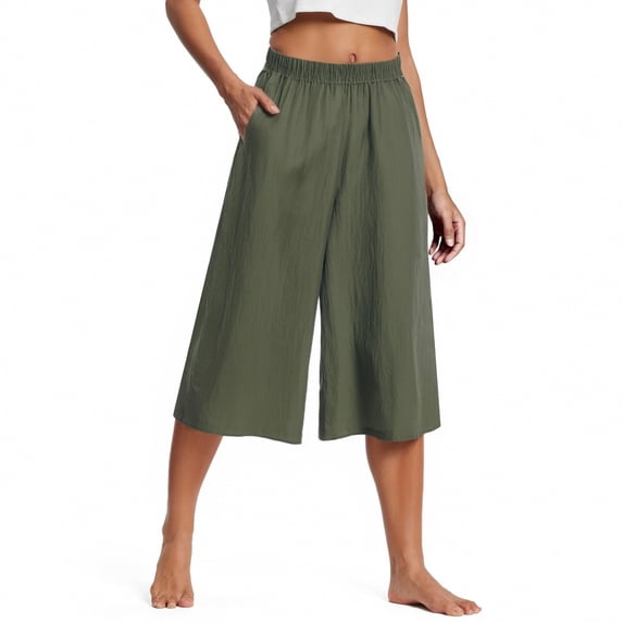 LWavelet Elastic Waist Cropped Wide Leg Pants with Pockets Lightweight Breathable Summer Lounge Trousers Green XL