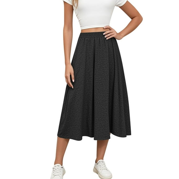 LWavelet Elastic Waist Flared Midi Skirt Women Daily Casual Comfortable Flowy Bottoms Black S