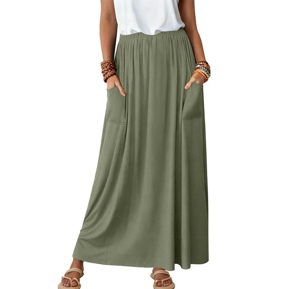 LWavelet Elastic Waist Maxi Skirt with Side Pockets Women Flowy Daily Casual Loose Versatile Bottoms Gray L
