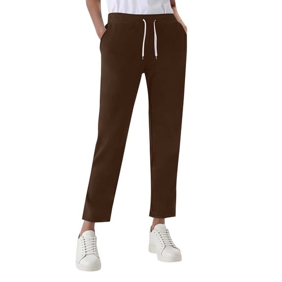 LWavelet Elastic Waist Straight Leg Pants with Drawstring & Pockets Soft Stretchy Casual Lounge Trousers Coffee 2XL