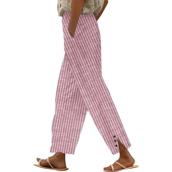 LWavelet Elastic Waist Straight Leg Pants with Striped Print & Pockets Lightweight Breathable Summer Casual Trousers Red XL