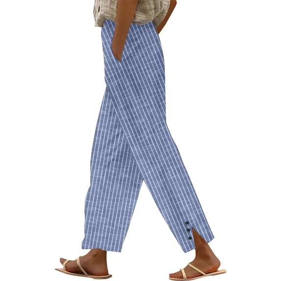 LWavelet Elastic Waist Straight Leg Pants with Striped Print & Pockets Lightweight Breathable Summer Casual Trousers Sky Blue 2XL