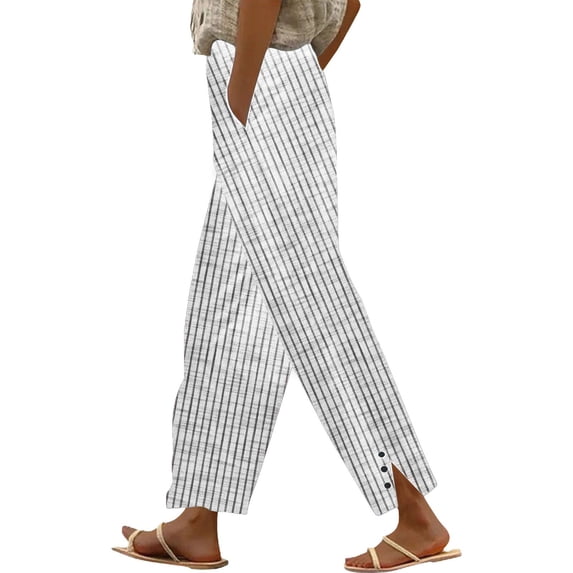 LWavelet Elastic Waist Straight Leg Pants with Striped Print & Pockets Lightweight Breathable Summer Casual Trousers White S