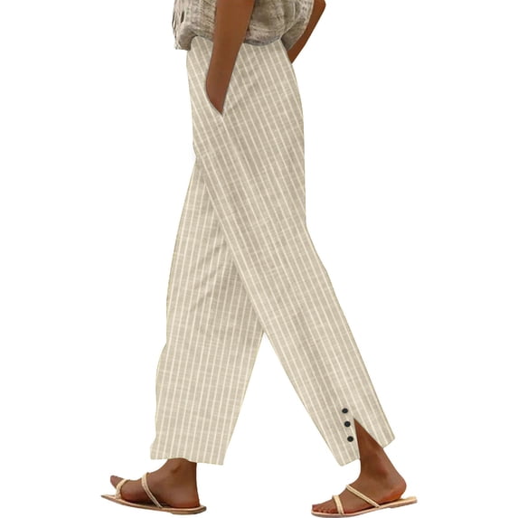 LWavelet Elastic Waist Straight Leg Pants with Striped Print & Pockets Lightweight Breathable Summer Casual Trousers Yellow 2XL