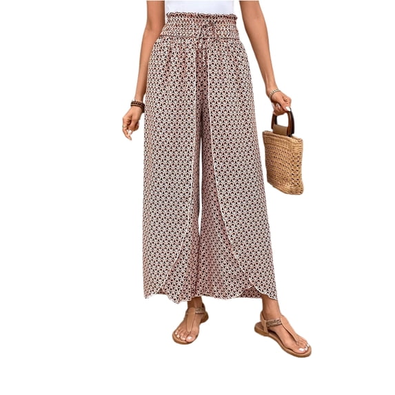 LWavelet Elastic Waist Wide Leg Pants with Ditsy Floral Print & Drawstring Lightweight Flowy Summer Beach Vacation Trousers Complexion L