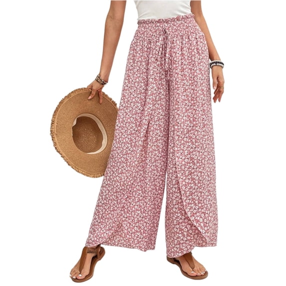 LWavelet Elastic Waist Wide Leg Pants with Ditsy Floral Print & Drawstring Lightweight Flowy Summer Beach Vacation Trousers Pink M