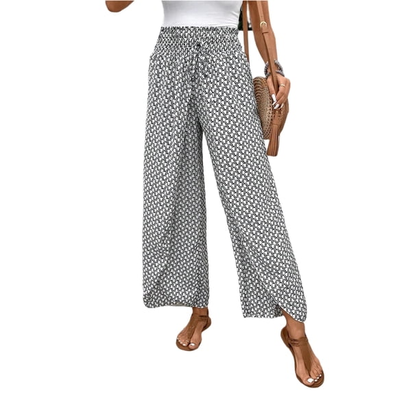 LWavelet Elastic Waist Wide Leg Pants with Ditsy Floral Print & Drawstring Lightweight Flowy Summer Beach Vacation Trousers White M