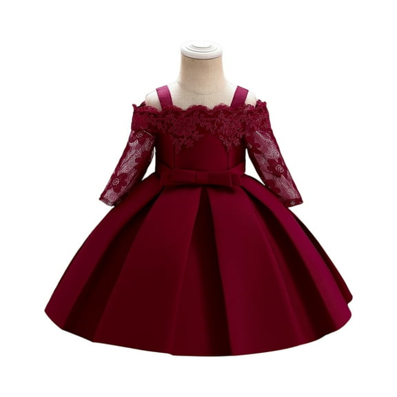 LWavelet Elegant Toddler Girl Dress with Lace Applique Long Sleeve Bowknot Design Formal Princess Gown