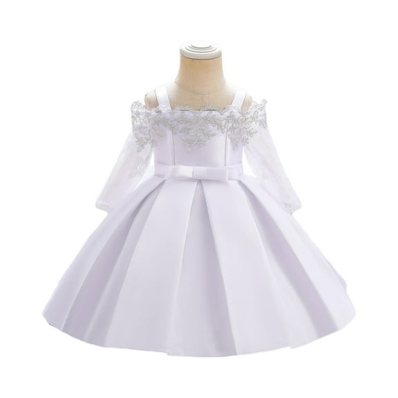 LWavelet Elegant Toddler Girl Dress with Lace Applique Long Sleeve Bowknot Design Formal Princess Gown