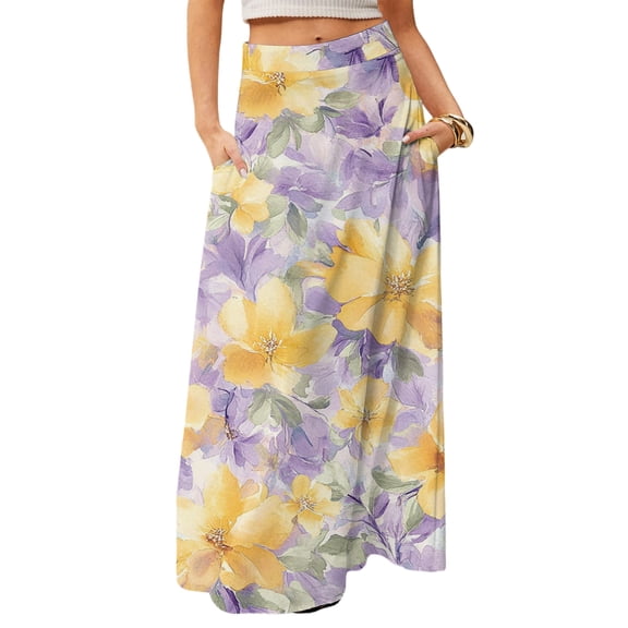 LWavelet Embossed Floral Maxi Skirt with Side Pockets Women Elegant Daily Casual Flowy Versatile Bottoms Light Purple 2XL
