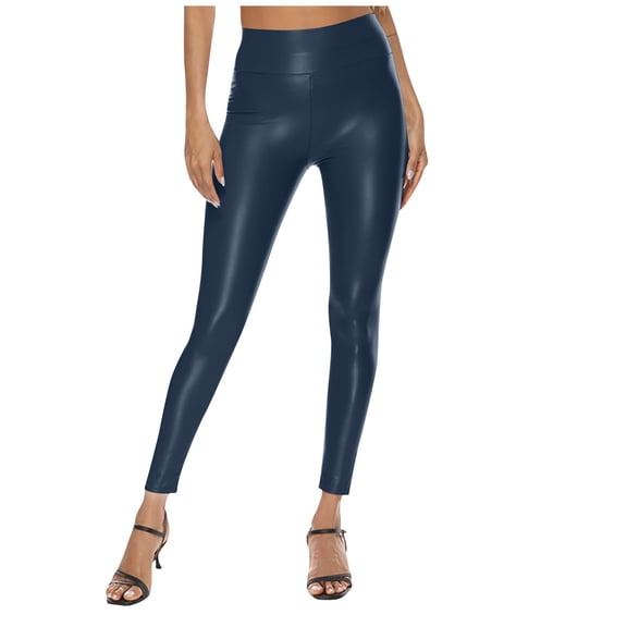 LWavelet Faux Leather Fabric High Waist Leggings Women Evening Casual Wear Navy L