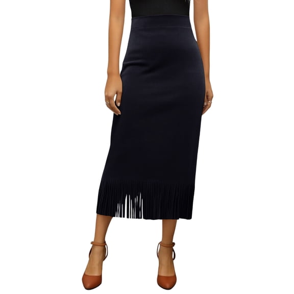 LWavelet Faux Suede Fringe Midi Skirt Women Western Style Fall Casual Stylish Versatile Bottoms Black M