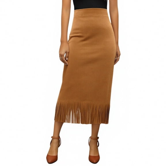 LWavelet Faux Suede Fringe Midi Skirt Women Western Style Fall Casual Trendy Versatile Bottoms Light Brown M