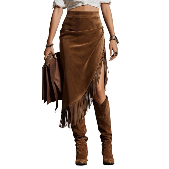 LWavelet Faux Suede Fringe Slit Midi Skirt Women Western Style Fall Casual Stylish Versatile Bottoms Brown M