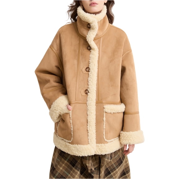 LWavelet Faux Suede Shearling-Trim Coat Women Oversized Winter Casual Warm Cozy Trendy Versatile Outerwear Khaki L