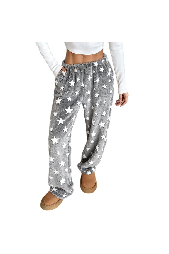 Fleece Fabric Star Moon Pajamas Pants Women Lounge Sleep Wear Gray S
