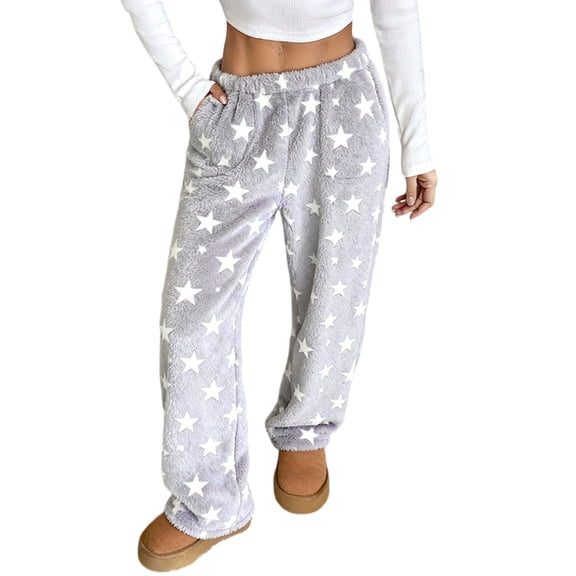 LWavelet Fleece Fabric Star Moon Pajamas Pants Women Lounge Sleep Wear Light Blue XXXL