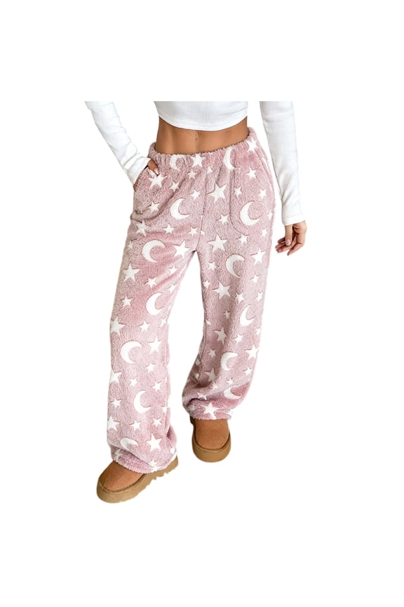 Fleece Fabric Star Moon Pajamas Pants Women Lounge Sleep Wear Pink S