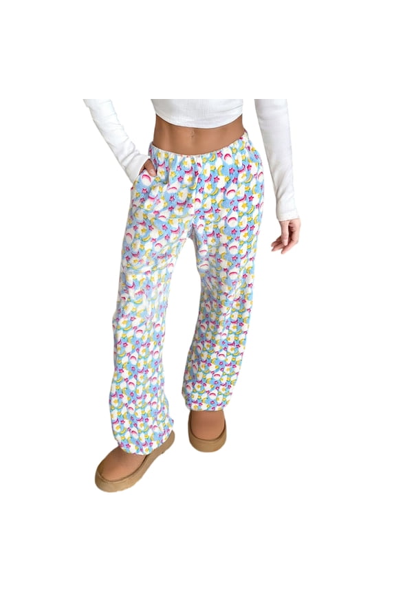 Fleece Fabric Star Moon Pajamas Pants Women Lounge Sleep Wear Sky Blue S