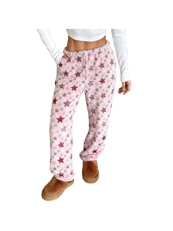 Fleece Fabric Star Moon Pajamas Pants Women Lounge Sleep Wear Watermelon Red L