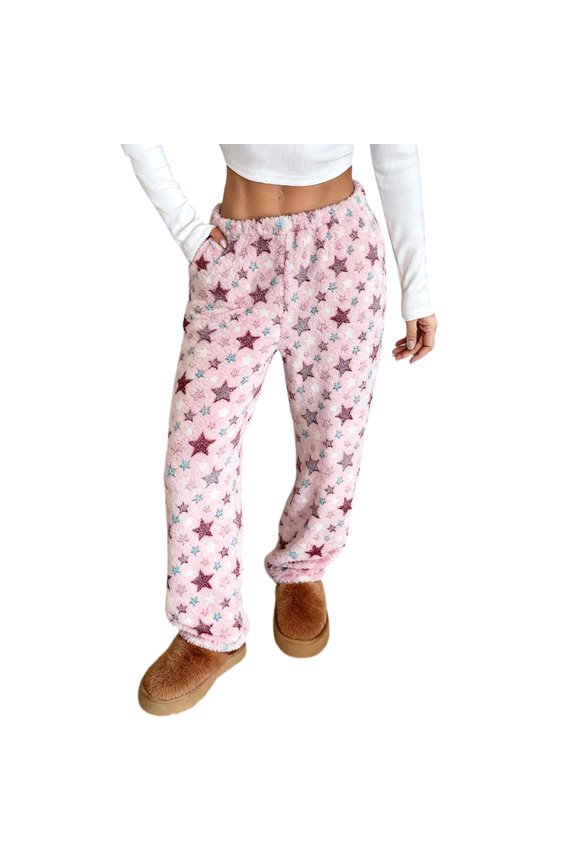 Fleece Fabric Star Moon Pajamas Pants Women Lounge Sleep Wear Watermelon Red S