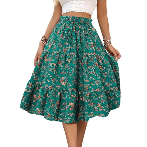LWavelet Floral Flared Midi Skirt Women Daily Casual Flowy Stylish Versatile Bottoms Green S