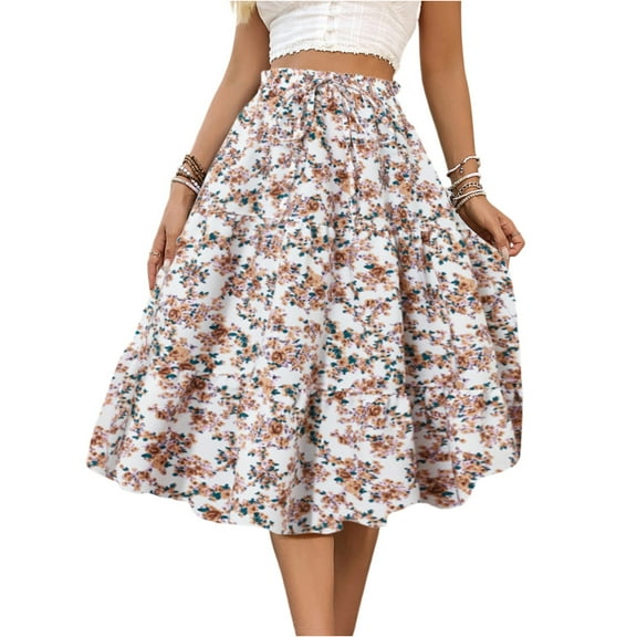 LWavelet Floral Flared Midi Skirt Women Daily Casual Flowy Stylish Versatile Bottoms White L