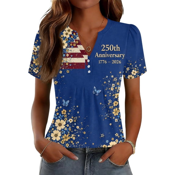 LWavelet Fourth of July Shirts for Women Short Sleeve Tops V-Neck Casual Patriotic Floral Butterfly Graphic Tee Dark Blue 2XL