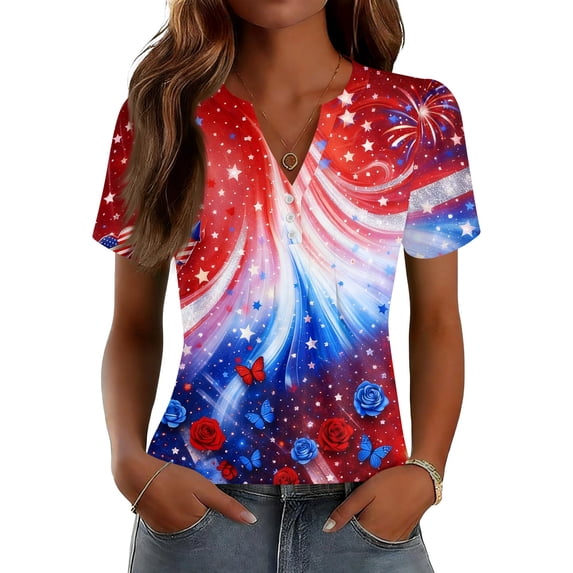 LWavelet Fourth of July Shirts for Women Short Sleeve Tops V-Neck Casual Patriotic Floral Butterfly Graphic Tee Multicolor 2XL