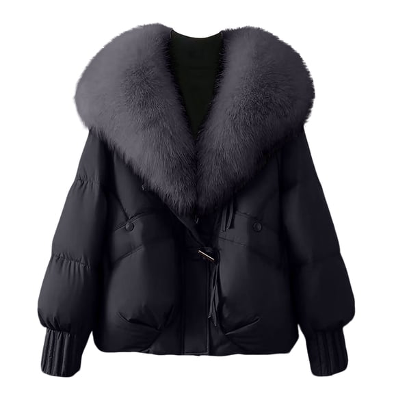 LWavelet Fur-Collar Double-Breasted Puffer Jacket Women Warm Winter Trendy Cozy Versatile Outerwear Black 2XL