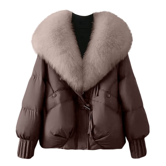 LWavelet Fur-Collar Double-Breasted Puffer Jacket Women Warm Winter Trendy Cozy Versatile Outerwear Coffee M